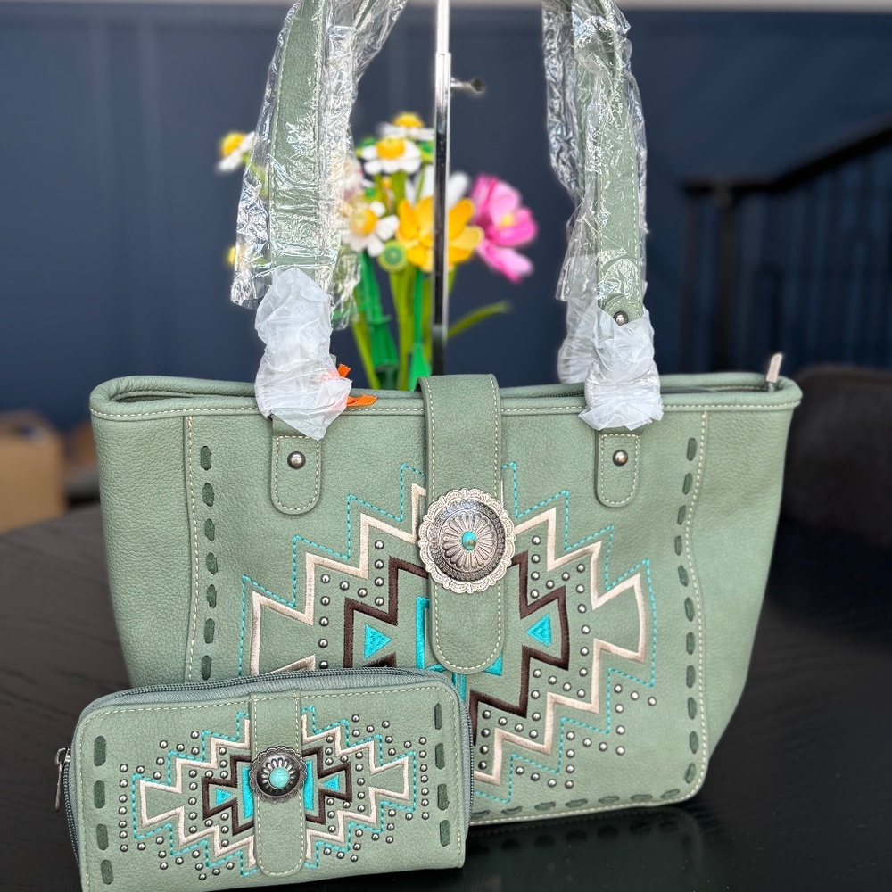 Montana West Mint Green Embellished Tote and Wallet Set